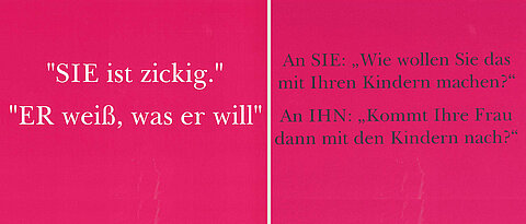 Zwei Beispiele aus der Postkartenausstellung der Fakultät für Chemie und Pharmazie zum "Tag der Frauenbeauftragten" 12.11.2018 an der Uni Würzburg. Hintergrund: Bei der Beschreibung von Charaktereigenschaften kommt es vor, dass Frauen negativ, Männer aber positiv dargestellt werden. Solche Sprüche, die nach 100 Jahren Frauenwahlrecht immer noch aktuell sind, zeigt die Fakultät in einer kleinen Postkartenausstellung, die zum Gespräch anregen soll. 