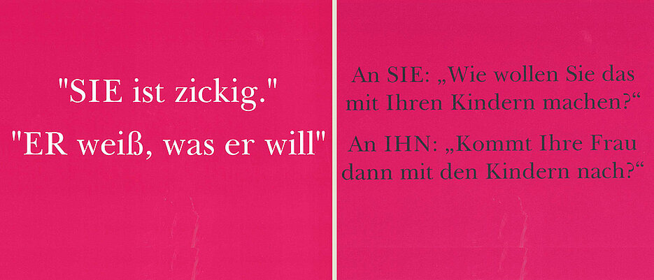 Zwei Beispiele aus der Postkartenausstellung der Fakultät für Chemie und Pharmazie zum "Tag der Frauenbeauftragten" 12.11.2018 an der Uni Würzburg. Hintergrund: Bei der Beschreibung von Charaktereigenschaften kommt es vor, dass Frauen negativ, Männer aber positiv dargestellt werden. Solche Sprüche, die nach 100 Jahren Frauenwahlrecht immer noch aktuell sind, zeigt die Fakultät in einer kleinen Postkartenausstellung, die zum Gespräch anregen soll. 