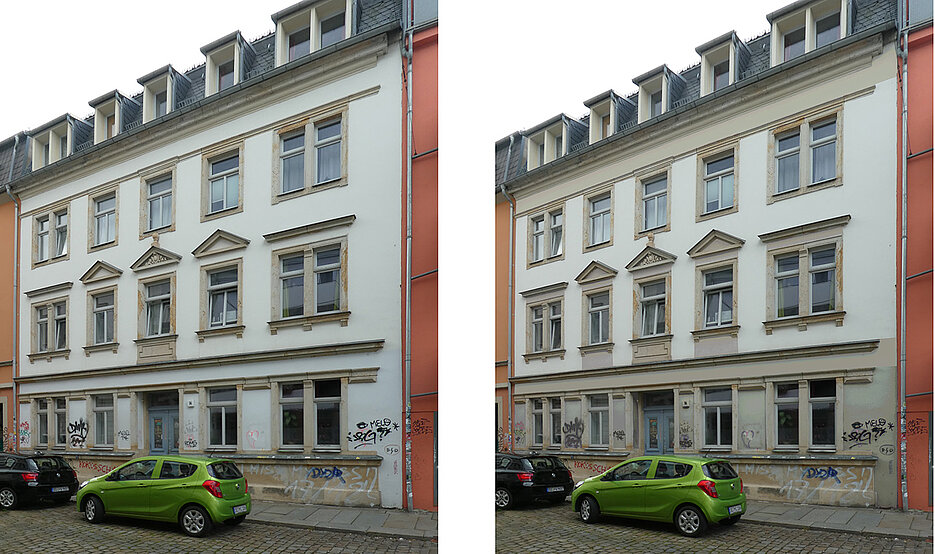 Beispiel für eine einfache Farbkorrektur am Haus Bischofsweg 40 in der Dresdener Neustadt, simuliert am Computer: Sockelzone, Brüstungsfelder und Zwischenräume der Fensterrahmungen und des Dachgebälks wurden eingefärbt (rechts). Damit werden die Zusammenhänge zwischen Fuß-Rumpf-Kopf des Fassadenaufbaus und die mittlere Akzentuierung durch die Fenstergruppe verbessert.