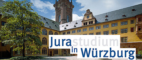 Gebäude der Juristischen Fakultät der Universität Würzburg. Im Vordergrund Schriftzug "Jurastudium in Würzburg".