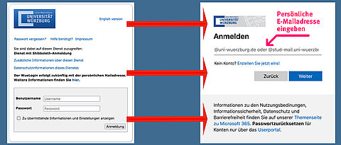 Links alt, rechts neu: Ab dem 25. März 2024 melden sich Mitglieder der JMU bei WueLogin nicht mehr mit ihrer Benutzerkennung, ihrem JMU-Account an, sondern mit ihrer dienstlichen Mailadresse. 