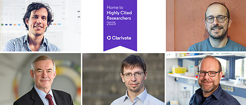 Häufig zitierte Würzburger Forscher (im Uhrzeigersinn): Ronny Thomale, José Pedro Friedmann Angeli, Georg Gasteiger, Dominic Grün und Christoph Wanner.