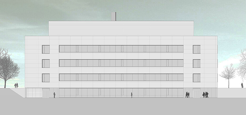 Entwurf für das neue Praktikumsgebäude der Chemie. Von außen wird es aussehen wie das benachbarte Institut für Anorganische Chemie, so dass auf dem Campus ein stimmiges Bild entsteht.
