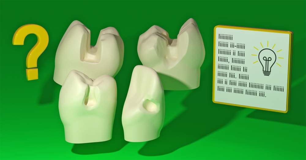 digitalisierte Zähne, daneben eine Tafel und ein großes Fragezeichen