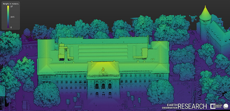 This image of the Neue Universität at Sanderring was generated from elevation data. The different colours indicate the distance to the ground.