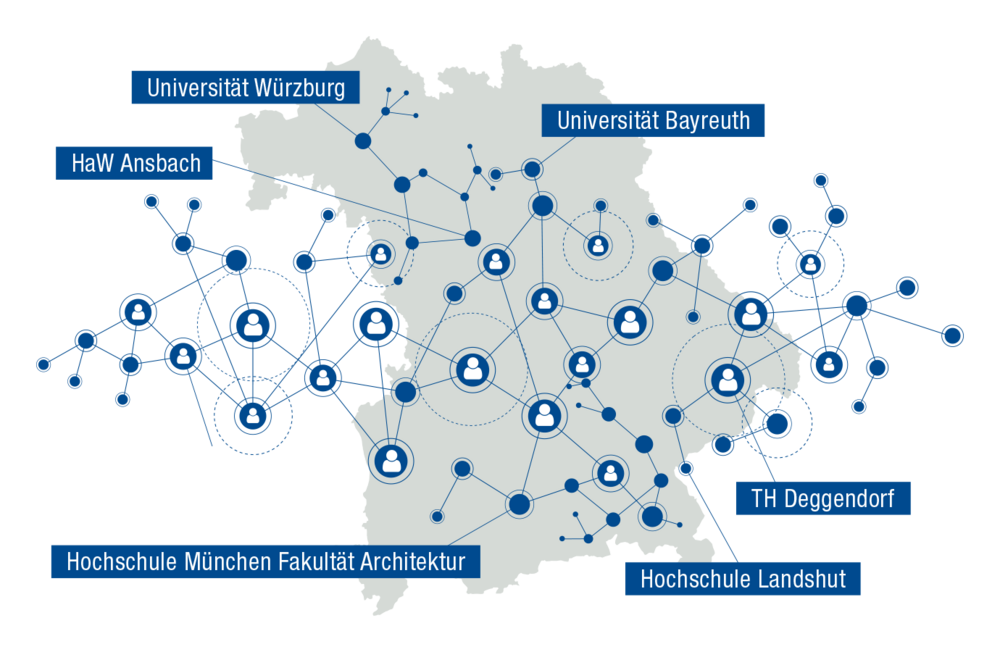 "Bayernkarte in der alle Hochschulen eingezeichnet sind, die beim Verbundprojekt Inklusion an Hochschulen und barrierefreies Bayern mitwirken. Projektpartner sind die Universität in Würzburg und in Bayreuth sowie die Hochschule in Ansbach, in Deggendorf