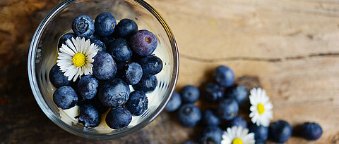 blueberries arranged on a table with daisies