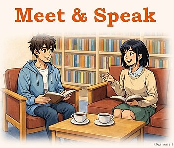 2 Personen sitzen bei einer Tasse Kaffee in einer Mediothek und unterhalten sich. Bild erstellt mit ChatGPT