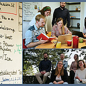 Collage: Gruppenbild der Projektgruppe, Tafelbild während der Produktion, Brainstorming