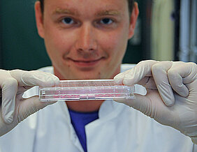 Doktorand Sebastian Jarzina zeigt eine Zellkulturplatte, in der Nierenzellen wachsen. (Foto: Robert Emmerich)