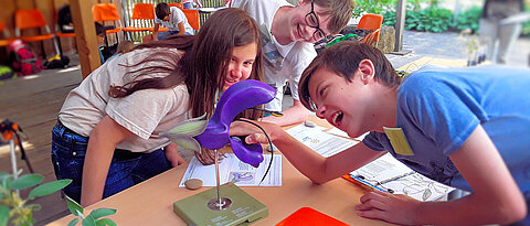 3 Schulkinder beobachten den Hebelmechanismus des Salbeis im Modell.