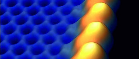 Rastertunnel-Mikroskopie-Aufnahme von Bismuten in der Nähe 
einer atomaren Terassenstufe der Siliziumkarbid-Unterlage. Am Rand der 
(blauen) bienwabenförmig angeordneten Bismut-Atome befinden sich 
zusätzliche leitfähige Elektronen in einem sehr schmalen, 
eindimensionalen (goldenen) Kanal, welche sich nur am Rand des Films 
frei bewegen können.
