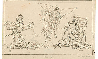 Anmut im Irrsinn: Weil die Liebesgöttin Aphrodite auf Seiten der Trojaner kämpft, geht Diomedes auf sie los. Gerettet wird sie von der Götterbotin Iris, während Apoll den verletzten Äneas beschützt. Martin von Wagner, um 1840/50.