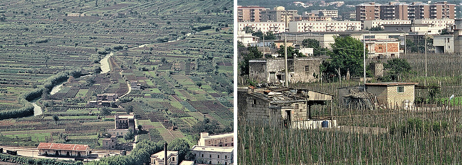 Verstädterung am Golf von Neapel: Links eine noch von Landwirtschaft geprägte Gegend östlich des Vesuv 1965. Rechts ein Foto aus derselben Gegend von 2010. 