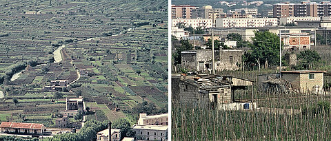 Verstädterung am Golf von Neapel: Links eine noch von Landwirtschaft geprägte Gegend östlich des Vesuv 1965. Rechts ein Foto aus derselben Gegend von 2010. 