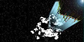 Wie ein Raumschiff landet das komplexe Zuckermolekül (bunt) passgenau auf dem Tumorprotein Galectin-1, das hier wie ein Meteorit aussieht und in schwarz-weiß dargestellt ist. (Bild: AK Seibel, VCH-Wiley)