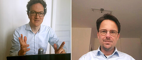 So sieht das Abhalten von Vorlesungen momentan im Homeoffice aus: Die Juradozenten Wolfram Buchwitz (links) und Markus Ludwigs. (Fotos: privat)