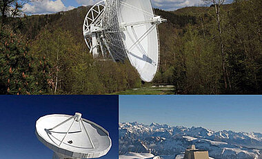 Drei Radioteleskope im Verbund des Global Millimetre VLBI Array: das Effelsberg-Teleskop (oben), das IRAM-Teleskop auf dem Pico Veleta/Spanien (unten links) sowie die Antennen des Plateau de Bure-Interferometers/Frankreich (Fotos: IRAM / Norbert Junkes)