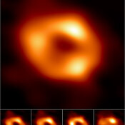 Thousands of images created with different computational methods have been used by the EHT collaboration to create a single image (top image) of the supermassive black hole at the centre of our galaxy. These images can be divided into four groups. An averaged representative image for each of the four groups is shown in the bottom row. The bar graphs show the relative number of images belonging to each cluster. 