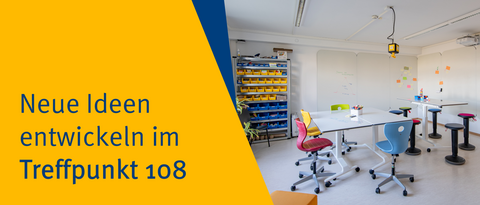 Treffpunkt 108 buchen, Bild von einem bunt eingerichteten Raum mit mobilem Mobiliar und großen Whiteboardwänden