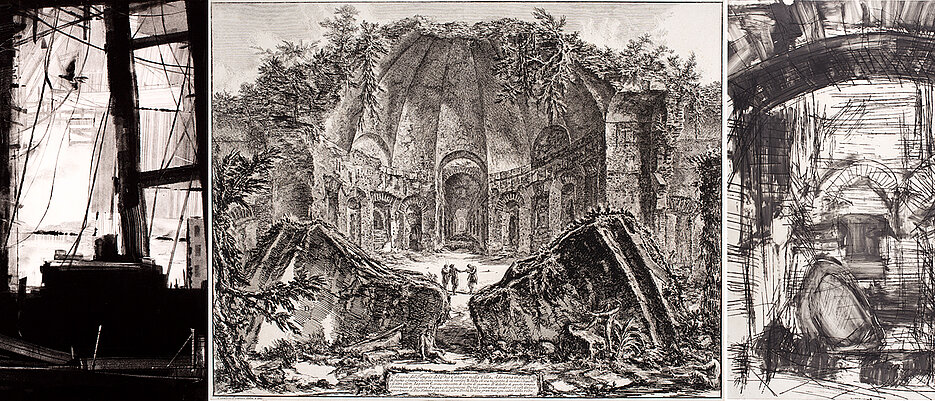 Werke der zeitgenössischen Grafiker Kevin Fletcher (links, Ausschnitt) und Robert Reiter (rechts, Ausschnitt) kombiniert mit Schöpfungen des aus Venedig stammenden Giovanni Battista Piranesi zeigt die neue Ausstellung im Martin von Wagner Museum. 