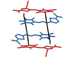 Abbildung der Kristallstruktur des Hetero-Aggregats, bestehend aus vier Merocyanin-Chromophoren. (Grafik: David Bialas)