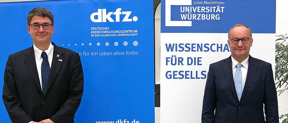 Sie waren der Pressekonferenz in Berlin von Würzburg aus zugeschaltet: Die Professoren Michael Baumann, Vorstandsvorsitzender des Deutschen Krebsforschungszentrums Heidelberg, und Hermann Einsele, Direktor der Medizinischen Klinik II des Würzburger Universitätsklinikums und Standortkoordinator des neu eingerichteten NCT WERA in Würzburg.