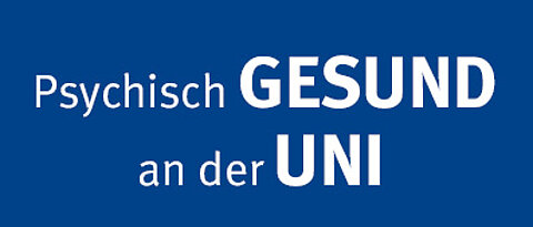 Blaue Fläche mit Aufschrift "Psychisch gesund an der Uni"