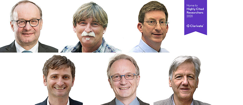 The Würzburg Highly Cited Researchers 2020: Hermann Einsele, Rainer Hedrich, Andreas Rosenwald, Jörg Vogel, Frank Würthner, and the Citation Laureate Laurens Molenkamp.