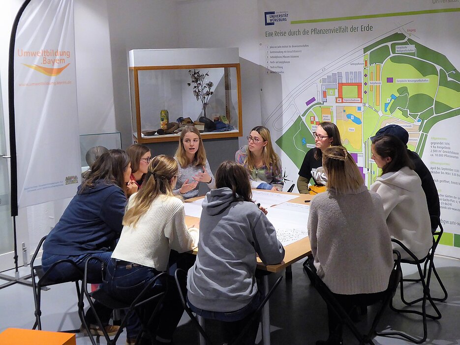 Das Foto zeigt eine Gruppenarbeitsphase mit Studierenden und Dozierenden beim Vernetzungstreffen im Botanischen Garten.