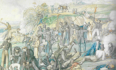 Ein deutsches Künstlerfest bei Cervaro 1825. Martin von Wagner (vorne links, im gelben Mantel) trinkt mit. Aquarell von Dietrich Wilhelm Lindau.