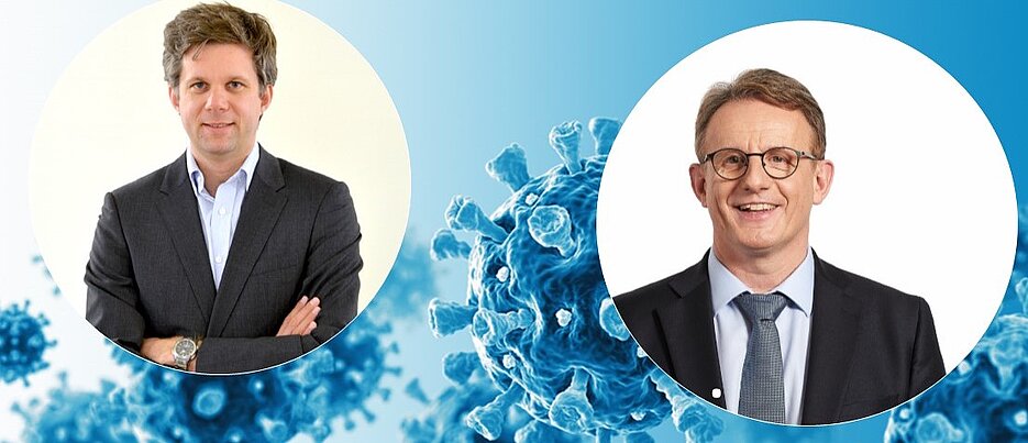 Von Rechts: Professor Lars Dölken, Inhaber des Lehrstuhls für Virologie (Foto: IMIB), Dr. Joachim Kuhn, CEO va-Q-tec AG (Foto: Privat), Hintergrund: Pressestelle der JMU