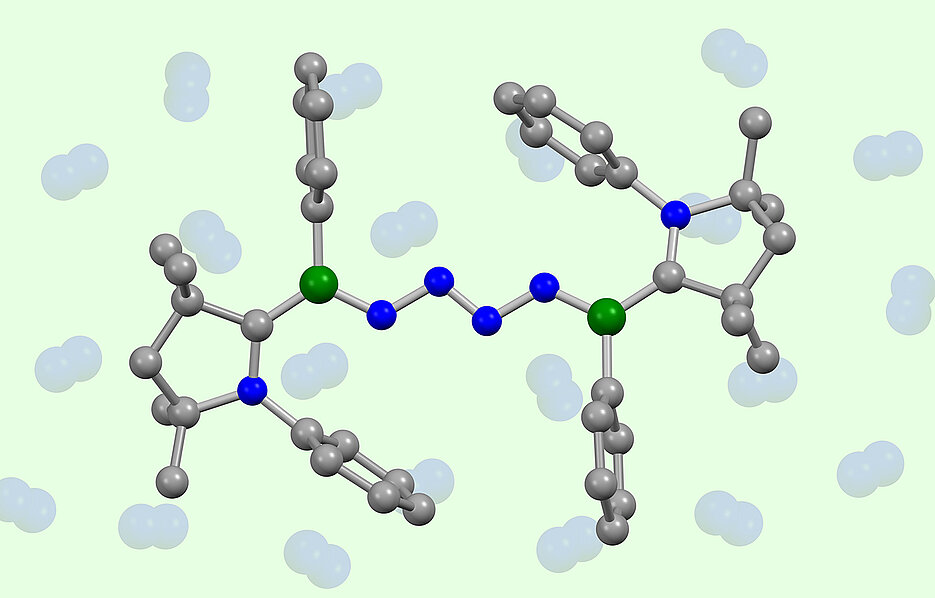 Erstmals haben Chemiker aus Würzburg und Frankfurt zwei Moleküle Luftstickstoff (blau, Mitte) direkt miteinander gekoppelt.