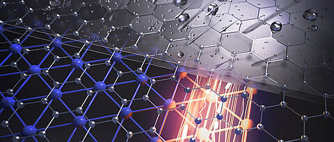 Schematic representation showing how a graphene layer protects against water. The electrical current flowing along the edge of the topological insulator indenene remains completely unaffected by external influences. 