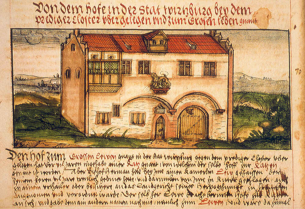 Der Löwenhof gegenüber vom Dominikanerkloster war ab 1402 eines der ersten Gebäude der Würzburger Universität. Dort fanden auch Vorlesungen statt.