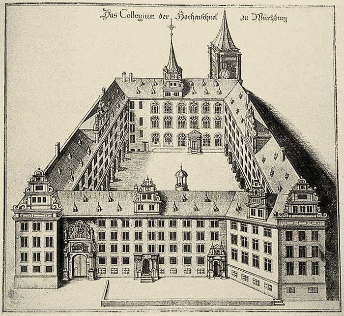Die 1591 eingeweihte Alte Universität samt Kirche in der Domerschulstraße. Kupferstich aus der Festschrift zur Einweihung. 