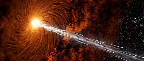 An artistic illustration of a blazar accelerating cosmic rays, neutrinos and photons up to high energies, as observed in PeVatron blazars.
